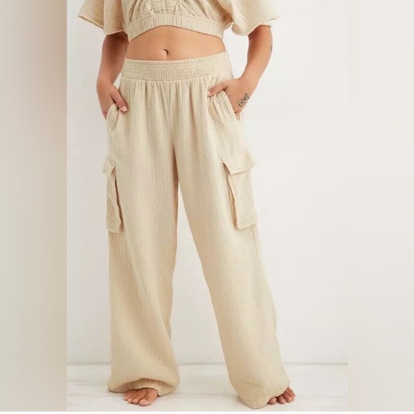 Aerie Cream Wide Leg Pants High Waisted - Picture 1 of 6